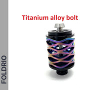 A cylindrical Brompton Rear Shock Absorber with a colorful, wavy metallic design and silver titanium alloy bolt on top—perfect for your Brompton Folding Bike. "Titanium alloy bolt" is above and FOLDRIO appears vertically on the left.
