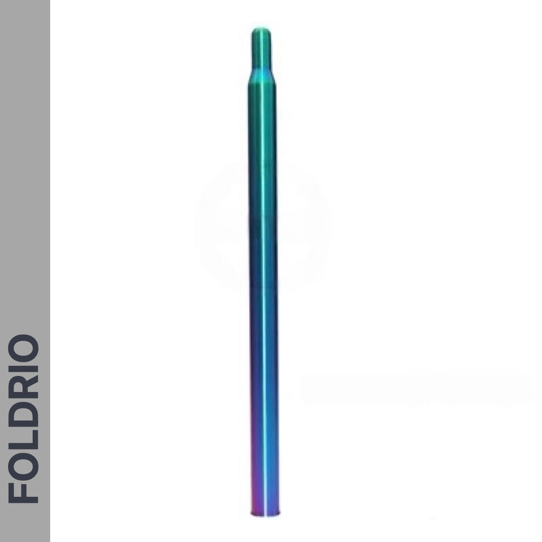 A multicolour Brompton titanium seatpost by FOLDRIO is centered on a white background, with a gray vertical banner on the left displaying "FOLDRIO" in bold black letters.