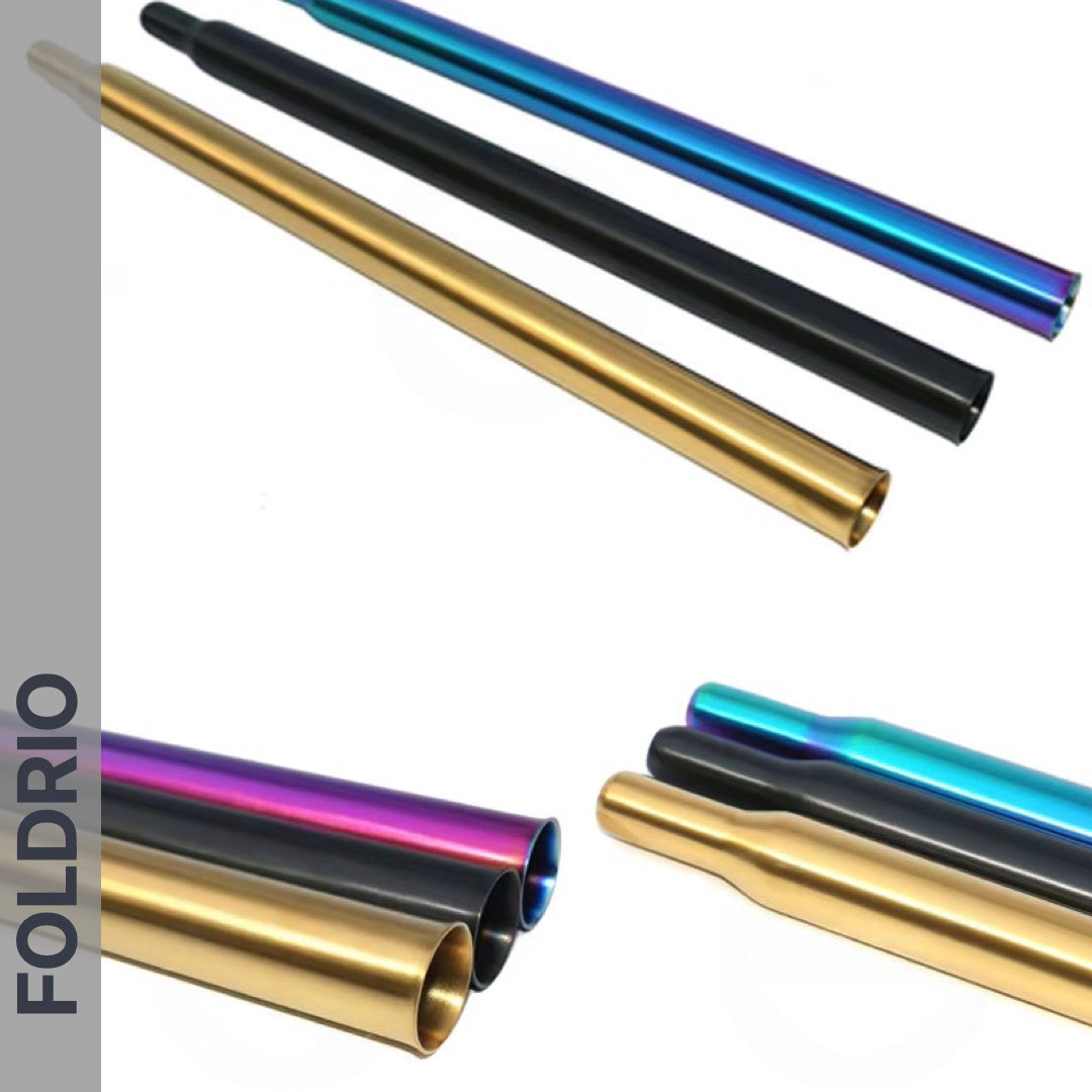 The FOLDRIO Brompton Titanium Seatpost – Multicolour Edition is displayed against a white background, with "FOLDRIO" vertically on a gray side banner.