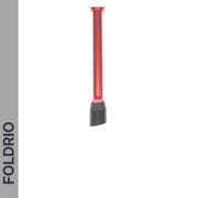 A red Brompton Kickstand – Adjustable Aluminium (A and C Line) by FOLDRIO stands upright with a black angled tip on a white background. On the left, a grey vertical bar displays FOLDRIO in bold, dark letters.