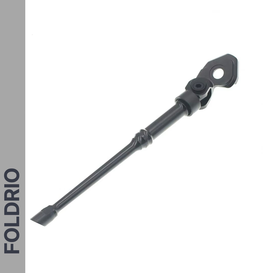 The FOLDRIO Brompton Kickstand – Adjustable Aluminium (A and C Line) is shown against a white background, with "FOLDRIO" displayed vertically on a gray bar along the left edge of the image.