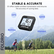 Two cyclists ride through a grassy field with mountains behind. The FOLDRIO Brompton GPS Bike Computer shows speed and temperature, highlighting GPS, QZSS, BeiDou, and Glonass for stable cycling data. Wireless, IPX6 rated, 9 data fields.
