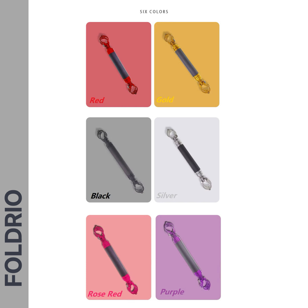 FOLDRIO Brompton M Handlebar Cross Brace – Adjustable, shown in 6 colours (red, gold, black, silver, rose red, purple), each with a carbon fibre look and displayed diagonally on matching backgrounds. "FOLDRIO" appears vertically at left.