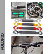 Collage of FOLDRIO Brompton M Handlebar Cross Brace – Adjustable, 6 Colours, shown on scales, bikes, and handlebars in various colors. The FOLDRIO logo appears on the left side.