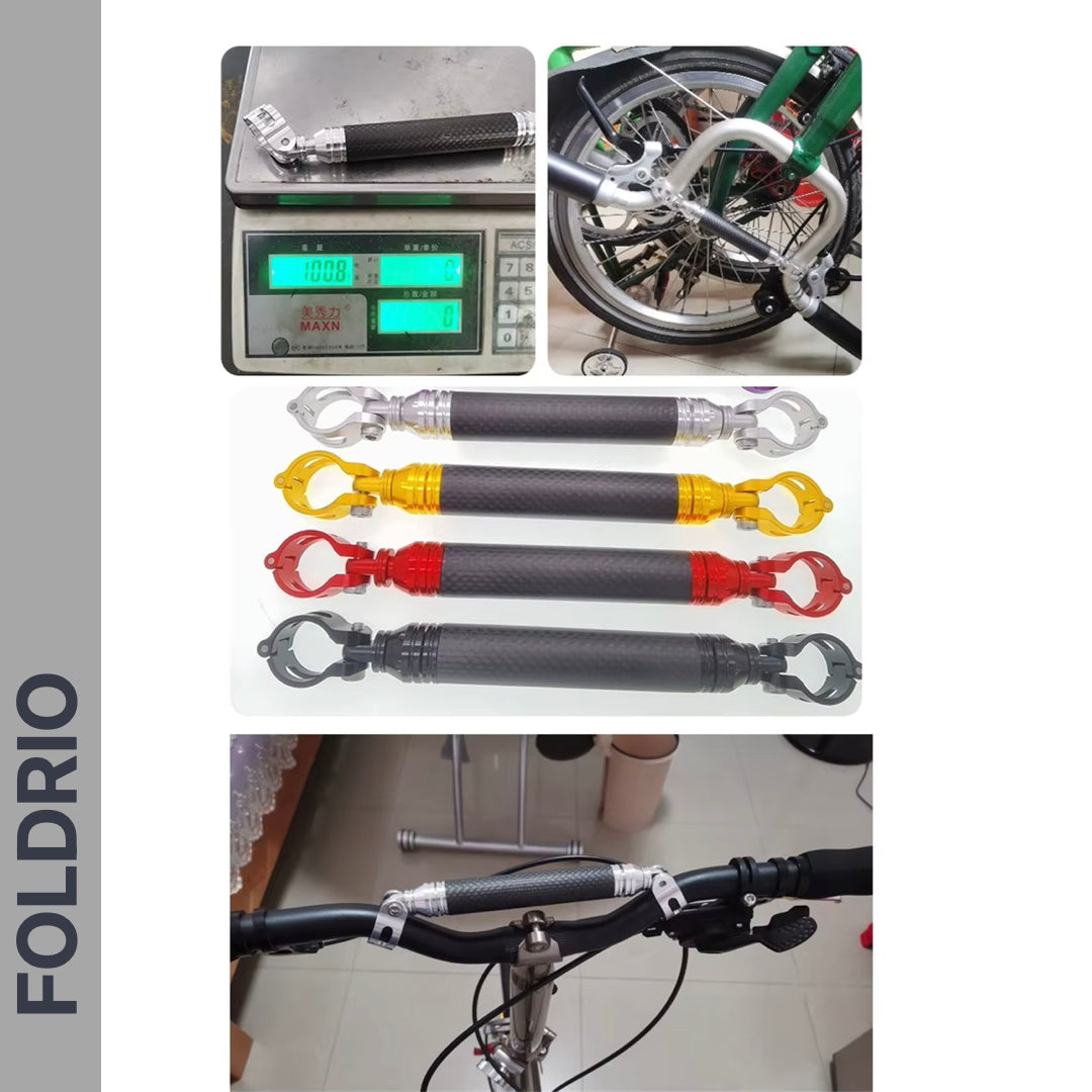 Collage of FOLDRIO Brompton M Handlebar Cross Brace – Adjustable, 6 Colours, shown on scales, bikes, and handlebars in various colors. The FOLDRIO logo appears on the left side.