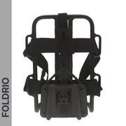 The FOLDRIO Brompton Front Bag Rack Holder features black metal and plastic construction, elastic straps, and displays the brand name vertically on the left against a gray background when viewed from the front.