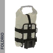 The FOLDRIO Brompton Front Bag Rack Holder with Elastic Straps is a white waterproof roll-top folding bike bag with black straps and a front mounting system, shown on a white background with "FOLDRIO" vertically on a grey bar at the left.