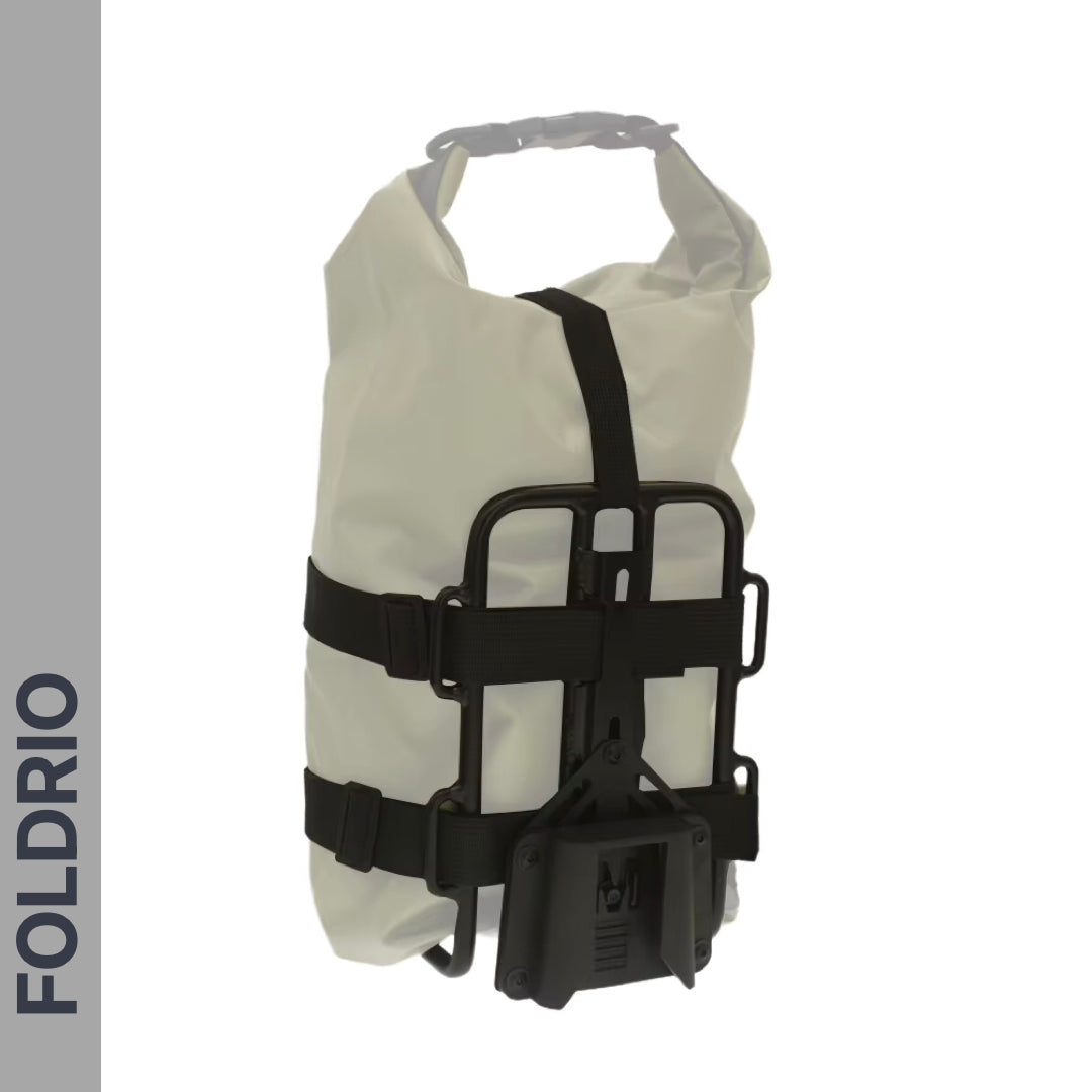 The FOLDRIO Brompton Front Bag Rack Holder with Elastic Straps is a white waterproof roll-top folding bike bag with black straps and a front mounting system, shown on a white background with "FOLDRIO" vertically on a grey bar at the left.