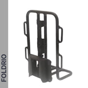 The FOLDRIO Brompton Front Bag Rack Holder with Elastic Straps, shown on a white background with "FOLDRIO" vertically on the left, features black metal construction, side support bars, and a central latch—ideal for Brompton bikes.