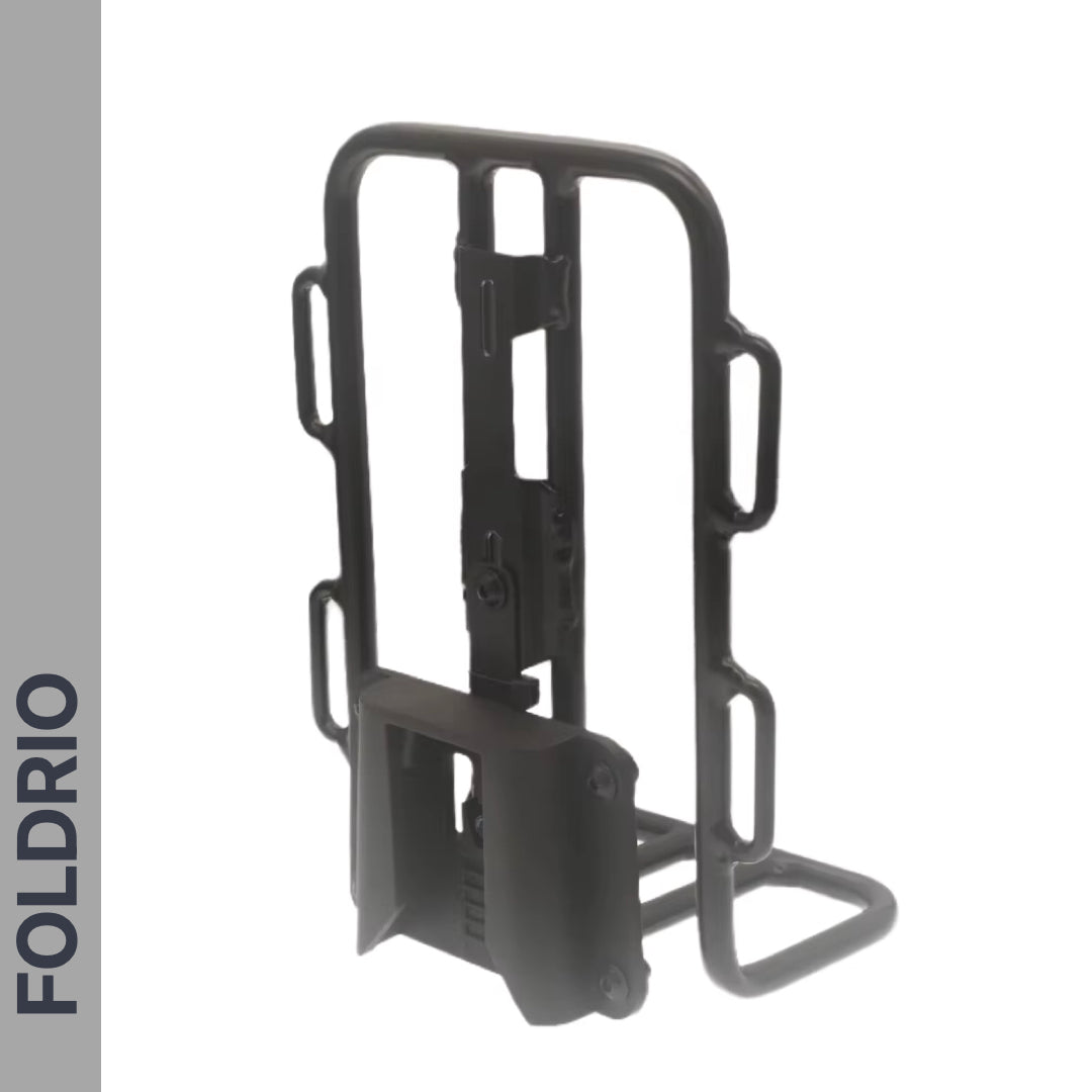 The FOLDRIO Brompton Front Bag Rack Holder with Elastic Straps, shown on a white background with "FOLDRIO" vertically on the left, features black metal construction, side support bars, and a central latch—ideal for Brompton bikes.