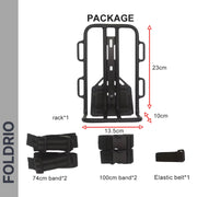 A black metal FOLDRIO Brompton Front Bag Rack Holder (23cm x 13.5cm x 10cm) with two 74cm straps, one 100cm strap, and one elastic belt is arranged on a white background. Text reads “PACKAGE” and “FOLDRIO.” Ideal for folding bike bag setups.