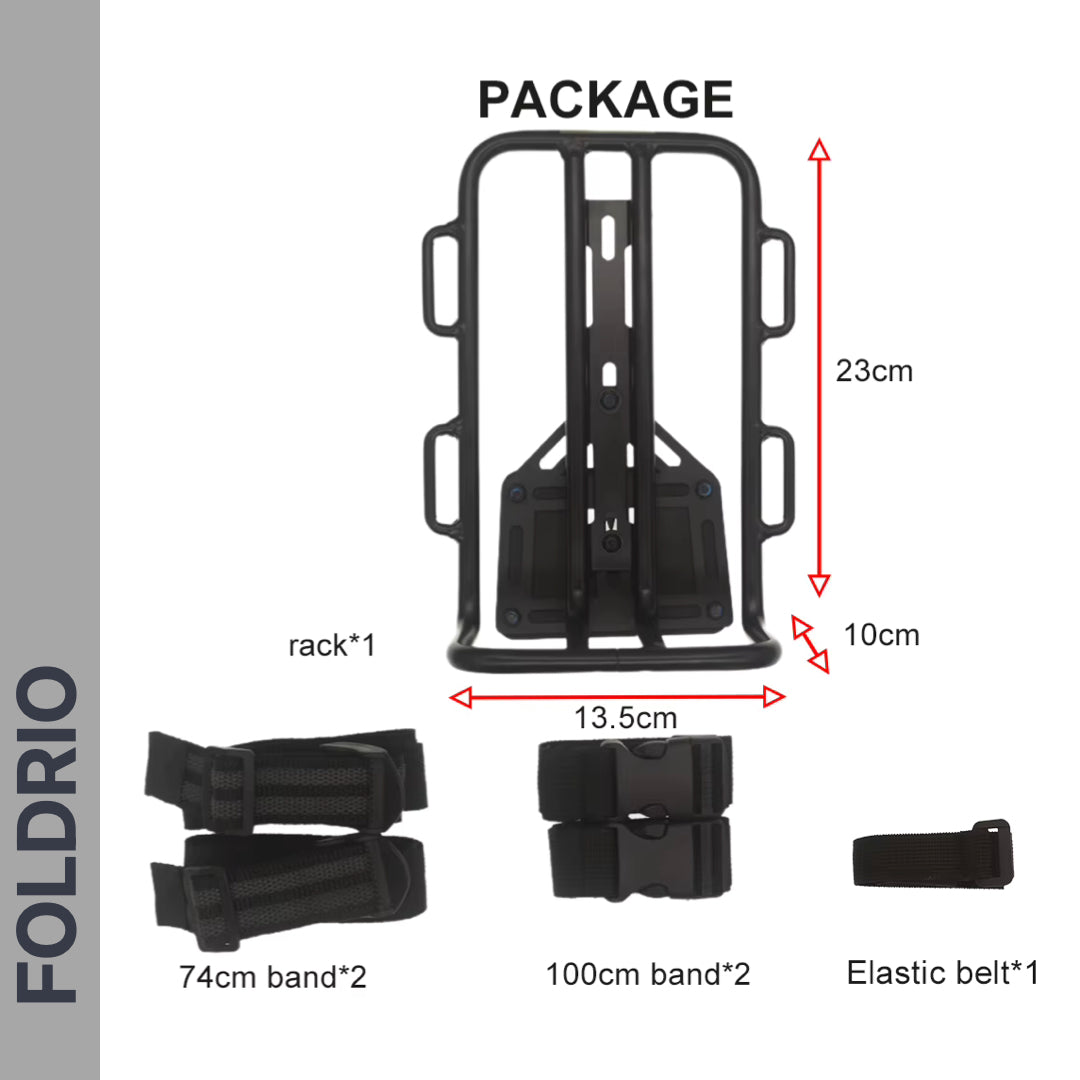 A black metal FOLDRIO Brompton Front Bag Rack Holder (23cm x 13.5cm x 10cm) with two 74cm straps, one 100cm strap, and one elastic belt is arranged on a white background. Text reads “PACKAGE” and “FOLDRIO.” Ideal for folding bike bag setups.