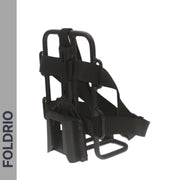 A black, foldable metal Brompton Front Bag Rack Holder with elastic straps by FOLDRIO stands upright against a white background. "FOLDRIO" appears vertically on a gray sidebar to the left.