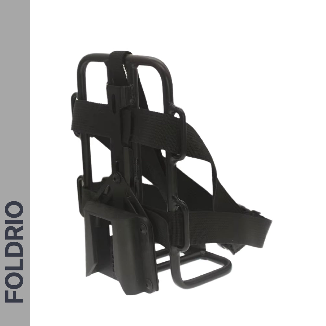 A black, foldable metal Brompton Front Bag Rack Holder with elastic straps by FOLDRIO stands upright against a white background. "FOLDRIO" appears vertically on a gray sidebar to the left.