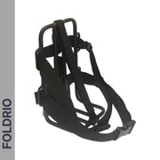 The FOLDRIO Brompton Front Bag Rack Holder with Elastic Straps, featuring a black adjustable harness and sturdy frame, is displayed on a white background with "FOLDRIO" vertically on a gray strip at the left edge.
