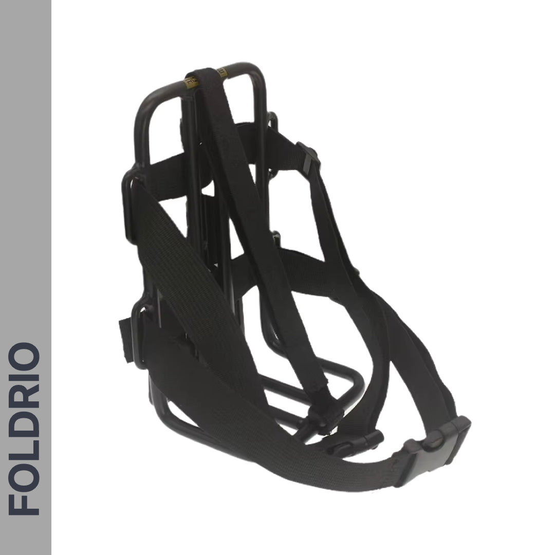 The FOLDRIO Brompton Front Bag Rack Holder with Elastic Straps, featuring a black adjustable harness and sturdy frame, is displayed on a white background with "FOLDRIO" vertically on a gray strip at the left edge.