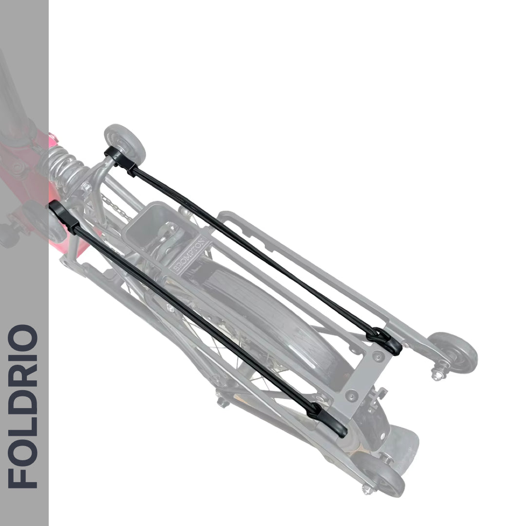 FOLDRIO Brompton Rear Rack Elastic Straps, shown from above with small wheels and gray side banner, fit AC Line (old) & PT Line (new) Brompton racks.