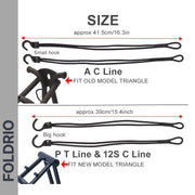 Diagram showing two types of FOLDRIO Brompton Rear Rack Elastic Straps: for AC Line (old, 41.5cm, small hook) and PT Line/new C Line (39cm, big hook). Brand name FOLDRIO shown on the side.