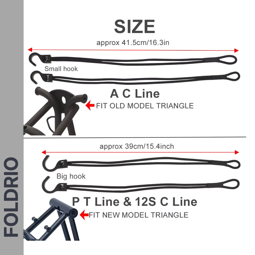 Diagram showing two types of FOLDRIO Brompton Rear Rack Elastic Straps: for AC Line (old, 41.5cm, small hook) and PT Line/new C Line (39cm, big hook). Brand name FOLDRIO shown on the side.