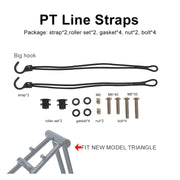 Diagram of FOLDRIO Brompton Rear Rack Elastic Straps kit for AC Line and PT Line, showing two black straps with hooks, two roller sets, four gaskets, two nuts, four bolts, plus an illustration indicating fit to PT Line.