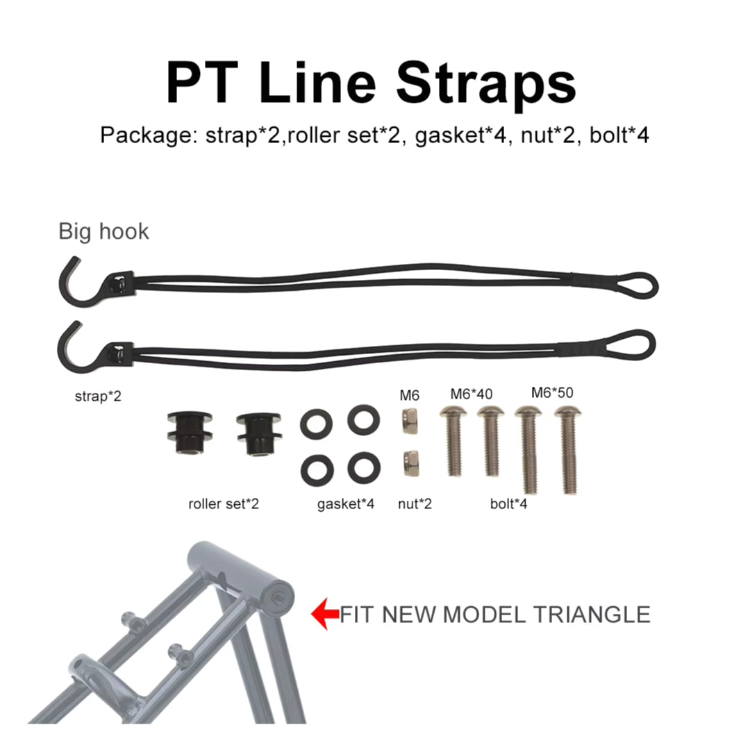 Diagram of FOLDRIO Brompton Rear Rack Elastic Straps kit for AC Line and PT Line, showing two black straps with hooks, two roller sets, four gaskets, two nuts, four bolts, plus an illustration indicating fit to PT Line.