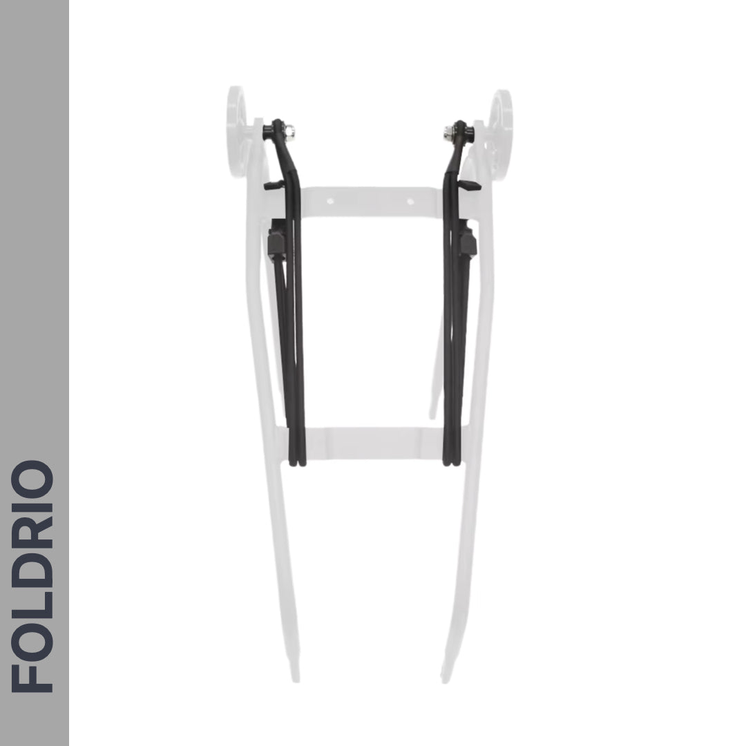 A white bicycle rear rack with black support arms is mounted upright on a white background. "FOLDRIO" appears vertically on a gray bar to the left. Compatible with Brompton Rear Rack Elastic Straps – fits AC Line (old) & PT Line (new), by FOLDRIO.