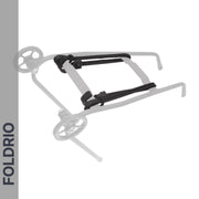 A stroller frame with wheels appears in solid and faded outlines. "FOLDRIO" is shown vertically on a gray strip, referencing the smart design of FOLDRIO’s Brompton Rear Rack Elastic Straps for AC Line (old) & PT Line (new).