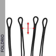 Four black FOLDRIO Brompton Rear Rack Elastic Straps (fits AC Line & PT Line) are aligned vertically on a white background, with a double-headed red arrow and two red dots showing spacing between the central loops.