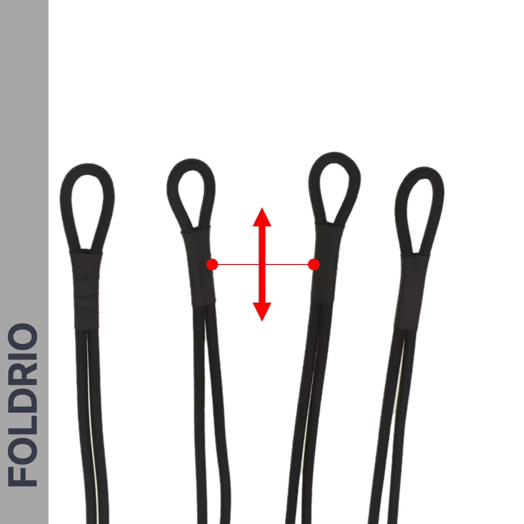 Four black FOLDRIO Brompton Rear Rack Elastic Straps (fits AC Line & PT Line) are aligned vertically on a white background, with a double-headed red arrow and two red dots showing spacing between the central loops.