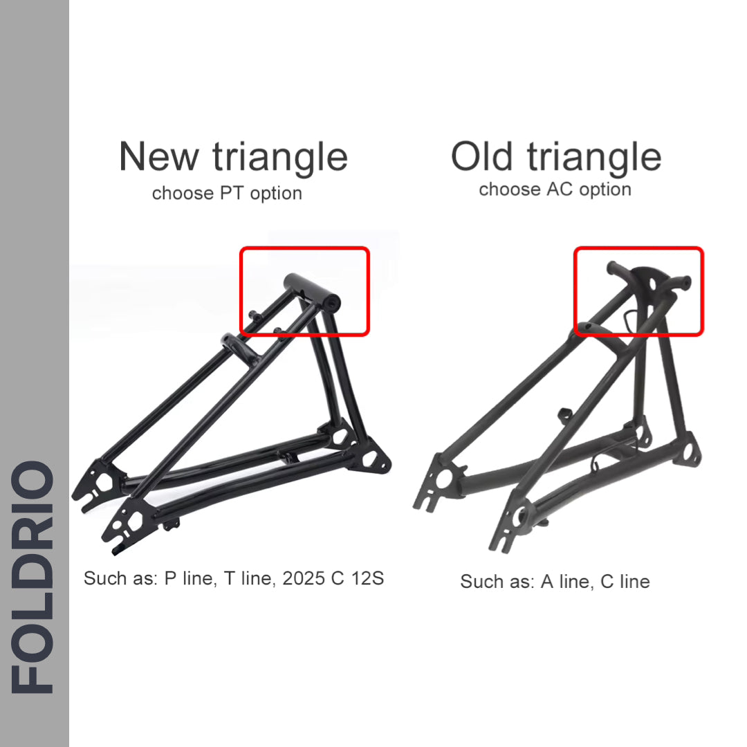 The FOLDRIO Brompton Rear Rack Elastic Straps fit both the AC Line (old), featuring a simple triangle frame, and the PT Line (new), which includes extra support bars for secure use with elastic straps.