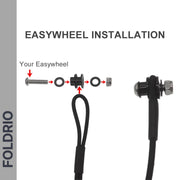Instructional image showing assembly of a FOLDRIO Easywheel with labeled bolt, wheel, two washers, and nut, plus arrows for installation. "FOLDRIO" appears on the left. Perfect for Brompton Rear Rack Elastic Straps – fits AC Line & PT Line.