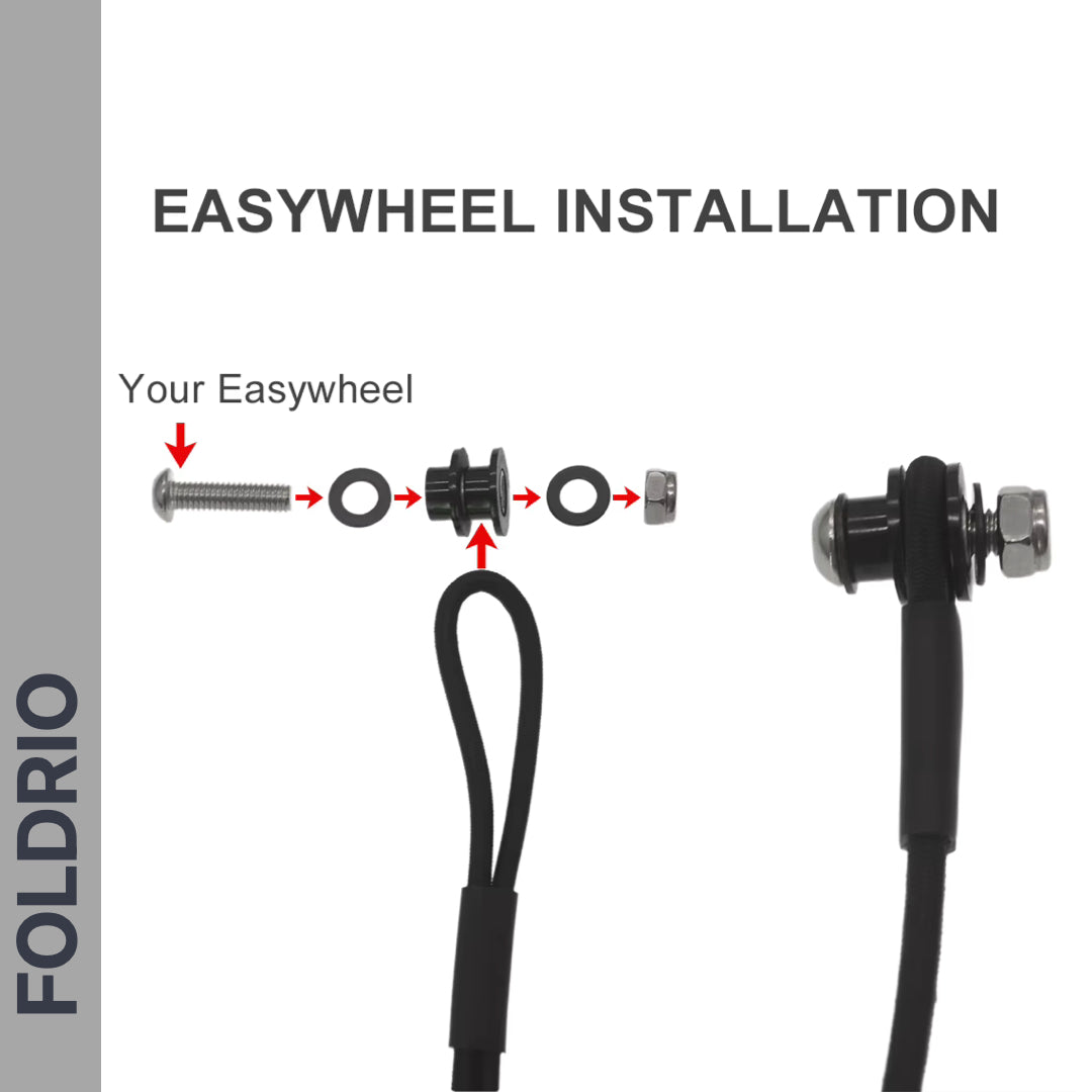 Instructional image showing assembly of a FOLDRIO Easywheel with labeled bolt, wheel, two washers, and nut, plus arrows for installation. "FOLDRIO" appears on the left. Perfect for Brompton Rear Rack Elastic Straps – fits AC Line & PT Line.
