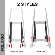Diagram comparing two FOLDRIO cart frames: Easywheel Style (left) and Rack Style (right), highlighting the Brompton Rear Rack Elastic Straps—fits AC Line (old) & PT Line (new)—in red boxes at the bottom of each frame.
