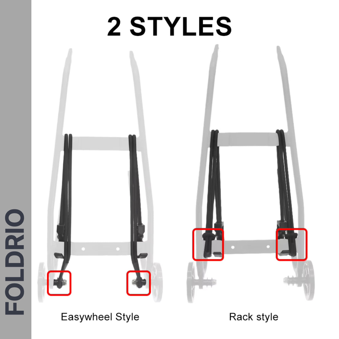 Diagram comparing two FOLDRIO cart frames: Easywheel Style (left) and Rack Style (right), highlighting the Brompton Rear Rack Elastic Straps—fits AC Line (old) & PT Line (new)—in red boxes at the bottom of each frame.