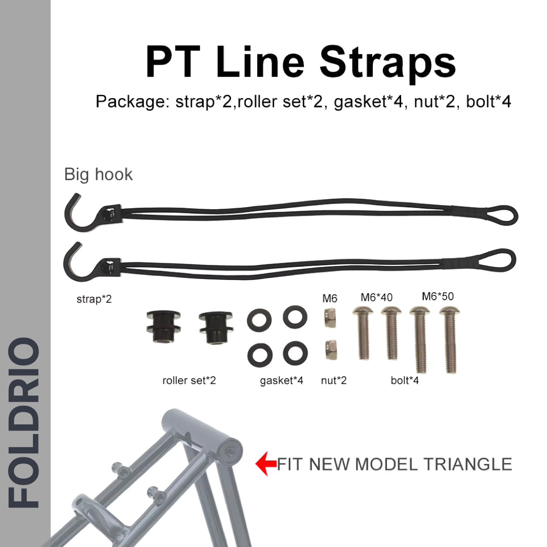Image displaying FOLDRIO Brompton Rear Rack Elastic Straps for AC Line & PT Line: includes two black elastic straps with hooks, two roller sets, four gaskets, two nuts, four bolts in various sizes, and a labeled installation diagram on a triangle frame.
