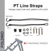 Image displaying FOLDRIO Brompton Rear Rack Elastic Straps for AC Line & PT Line: includes two black elastic straps with hooks, two roller sets, four gaskets, two nuts, four bolts in various sizes, and a labeled installation diagram on a triangle frame.