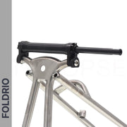 Brompton Brompton foldable bike frame with FOLDRIO branding, showing Easy Wheel & Extension Rod Set for smooth transport | Foldrio. Foldrio