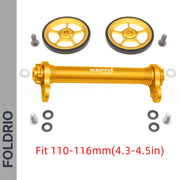 Brompton Brompton gold CNC alloy easy wheels set with extension rod, bolts, and washers on white, "Fit 110-116mm" shown | Foldrio. Foldrio