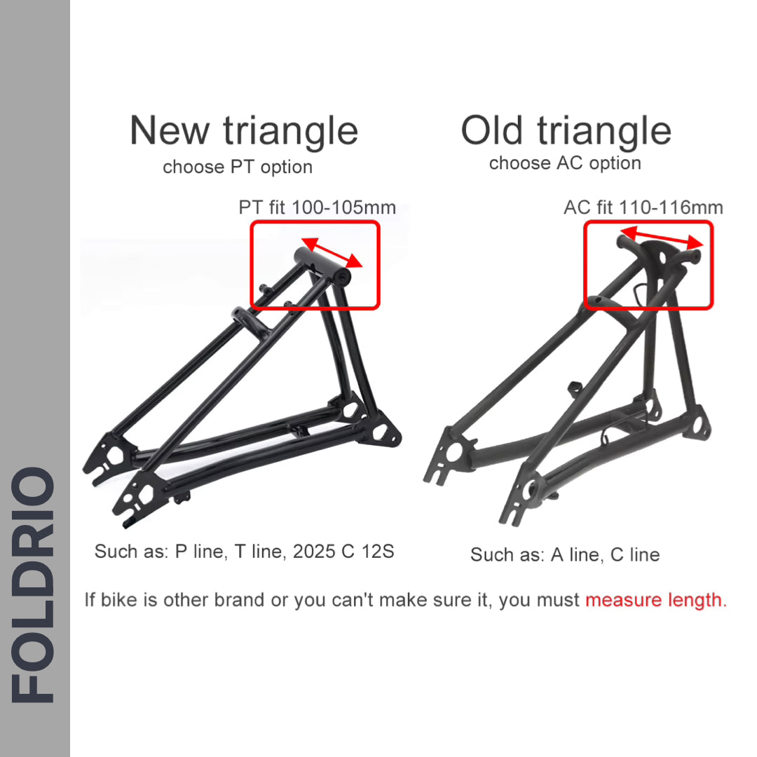 Brompton Brompton frame triangles compared: New 100-105mm, Old 110-116mm; red boxes show key points, Easy Wheel & CNC alloy wheels | Foldrio. Foldrio