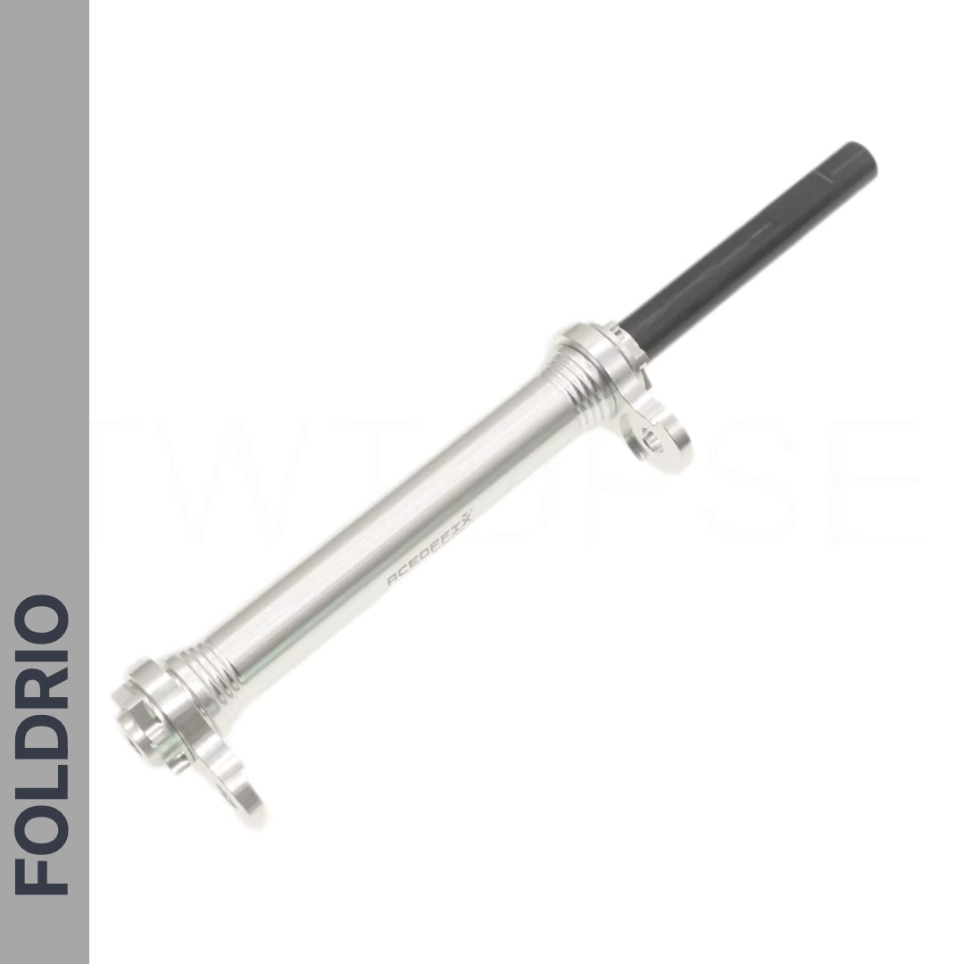 Brompton Brompton Easy Wheel & Extension Rod Set in silver and black on white, FOLDRIO branding on gray sidebar | Foldrio. Foldrio