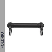 Brompton Brompton black axle with threaded ends and brackets, white background, left gray strip with FOLDRIO in bold blue | Foldrio. Foldrio