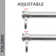 Brompton Brompton easy wheel and extension rods with threaded ends, levers, and red arrows highlighting adjustability | Foldrio. Foldrio