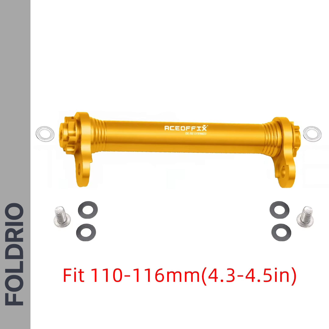 Brompton Brompton golden Easy Wheel & Extension Rod Set includes bolts, washers; CNC alloy fits 110-116mm. FOLDRIO logo visible | Foldrio. Foldrio