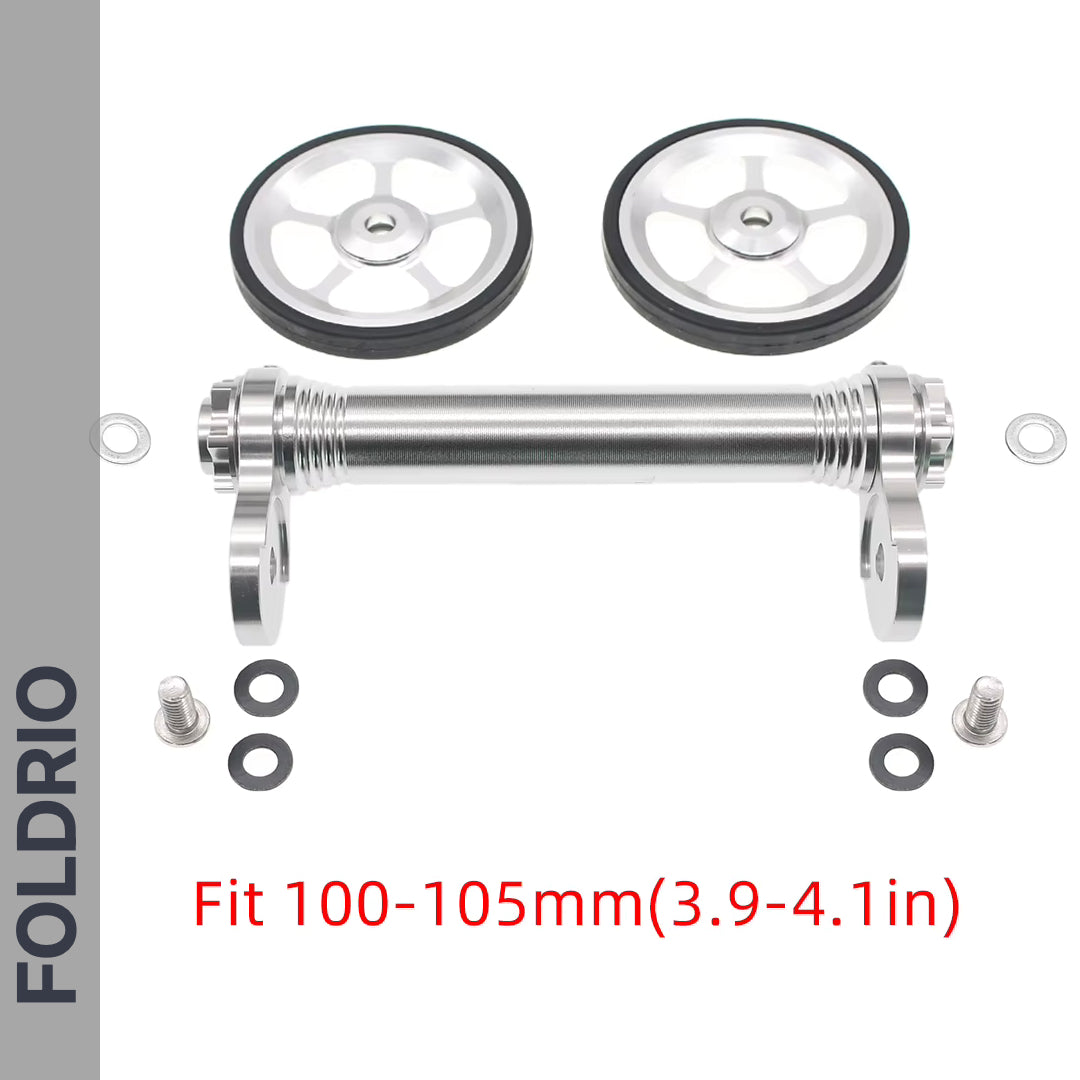 Brompton Brompton Easy Wheel & Extension Rod Set with CNC alloy wheels, screws, washers; fits 100-105mm frames | Foldrio. Foldrio
