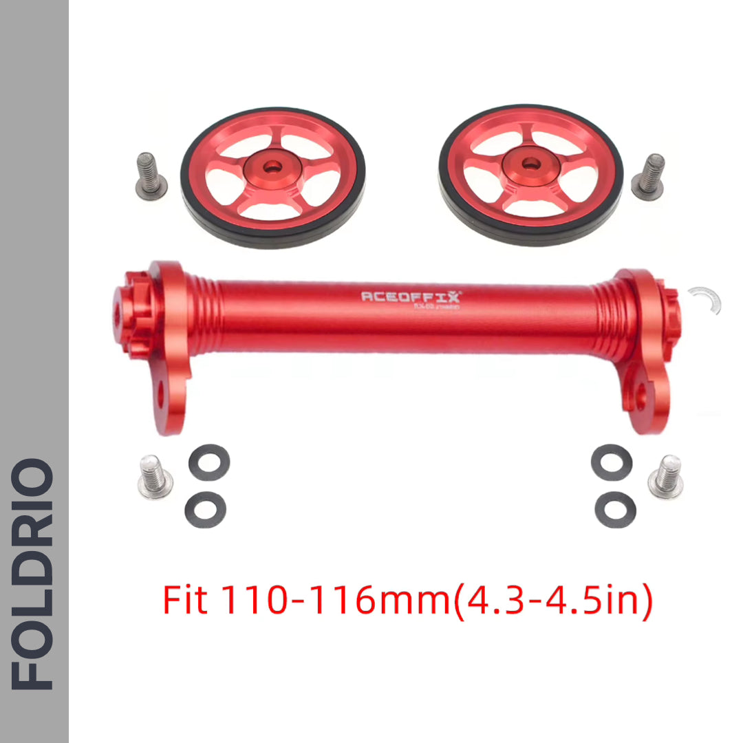 Brompton Brompton Easy Wheel & Extension Rod Set with two alloy wheels, axle, hardware; fits 110–116mm. FOLDRIO logo on side | Foldrio. Foldrio