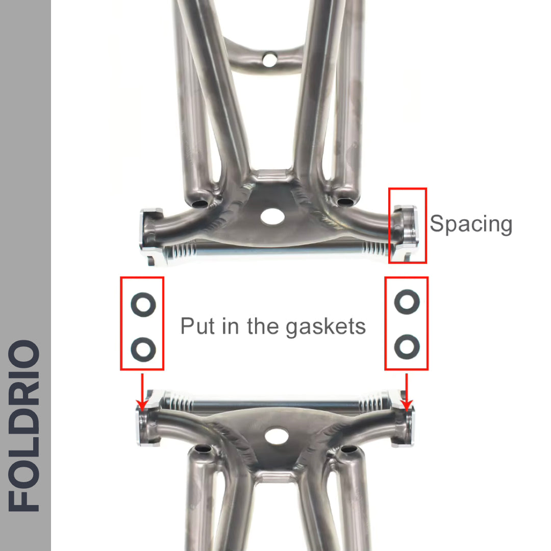 Brompton Brompton diagram: frame parts aligned, red boxes show gasket spots, arrows indicate spacing; Easy Wheel & Rod Set left | Foldrio. Foldrio