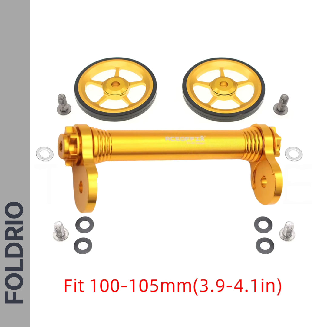 Brompton Brompton Easy Wheel & Extension Rod Set with two alloy wheels, bolts, washers, spacers; Fit 100-105mm shown | Foldrio. Foldrio