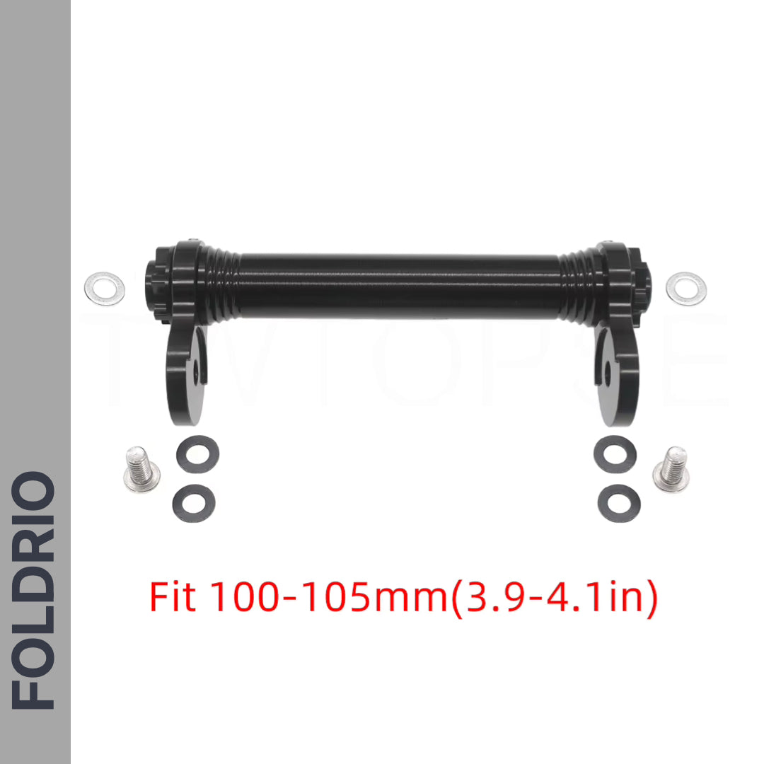 Brompton Brompton Easy Wheel & Extension Rod Set in black with bolts, fit 100-105mm, shown on white with FOLDRIO branding | Foldrio. Foldrio