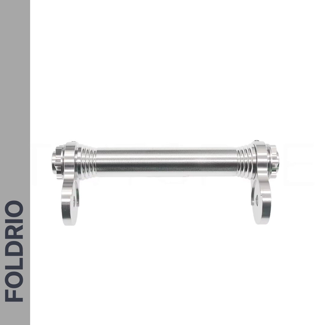 Brompton Brompton Easy Wheel & Extension Rod Set with silver metal rod, bracket ends, and gray FOLDRIO-labeled sidebar on white | Foldrio. Foldrio