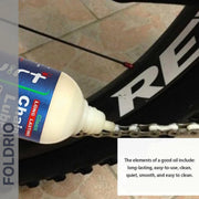 Brompton Brompton chain lube applied for smooth, quiet rides; long-lasting, easy-clean formula featured beside bottle | Foldrio. Foldrio